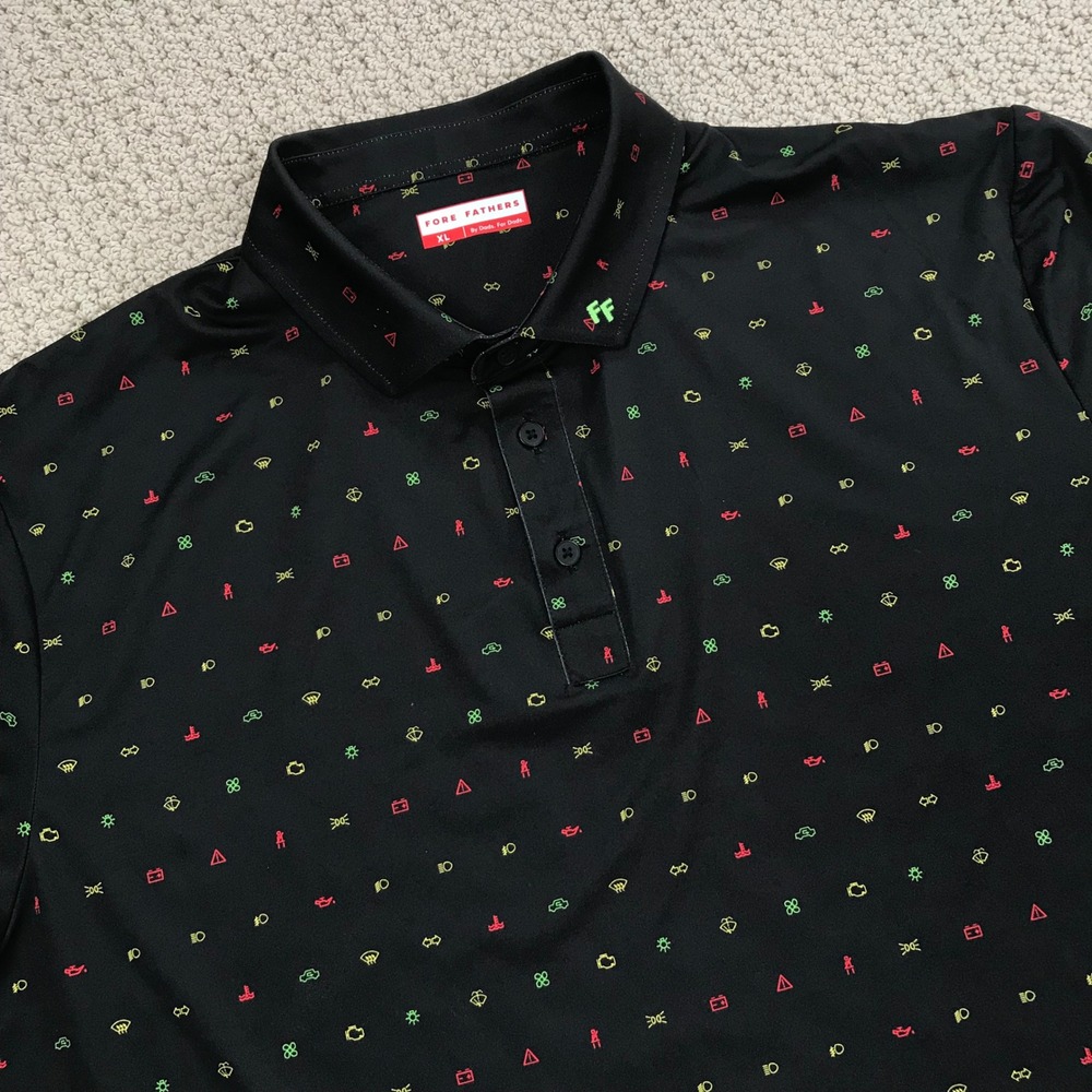 Fore Fathers Golf Polo Shirt XL Black Car Dashboard Warning Light Print Mens
